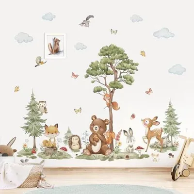 Produktbild von Wandsticker Wildtiers Waldesbaum - Wandbild mit Bär, Fuchs, Hirsch - Wanddeko für Kinderzimmer, Babzimmer