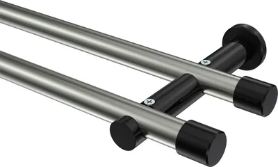 Produktbild von Interdeco Gardinenstange / Vorhangstange Edelstahl-Optik / Schwarz, Typ Platon Santo (Kappe) ohne Ringe, 20 mm Ø 2-läufig, 260 cm