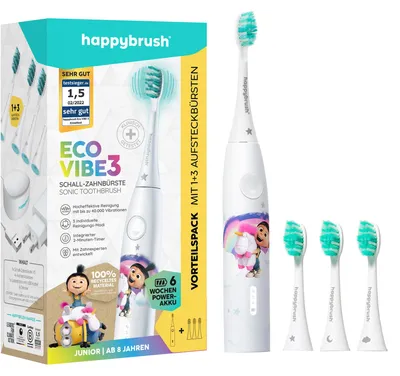 Produktbild von happybrush Eco vibe, Kind, Schallzahnbürste, Sensibel, Super sensitive, 40000 Bewegungen pro Minute, Weiß, Akku