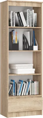 A tall, narrow bookshelf filled with books and office supplies.