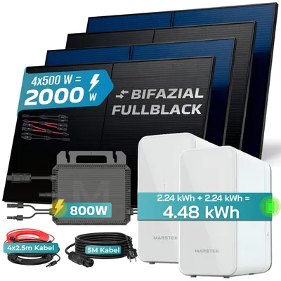 Produktbild von SUNNIVA® 2000W Balkonkraftwerk mit 4.48 kWh Speicher MARSTEK 2x B2500-D, 4x 500W BIFAZIAL FULLBLACK komplett Steckdose, PV Solaranlage + Solarspeicher