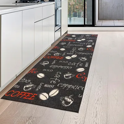 Produktbild von Küchenläufer mit Gelrücken und Schriftzug in rot und weiß Größe - 80 x 200 cm