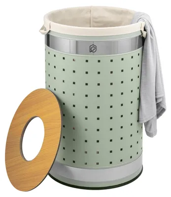 Produktbild von eluno runde Wäschetonne, Wäschekorb, Wäschesammler mit waschbarem Wäschesack und abnehmbaren Deckel, 50 Liter Fassungsvermögen für Schlafzimmer, Badezimmer, Wäscheaufbewahrung aus Metall, mint