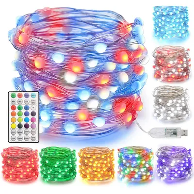 A collection of LED string lights in various colors, including a remote control.