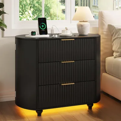 Nachtkästchen mit LED, USB und Steckdose, 65x80x45 cm, Schwarz