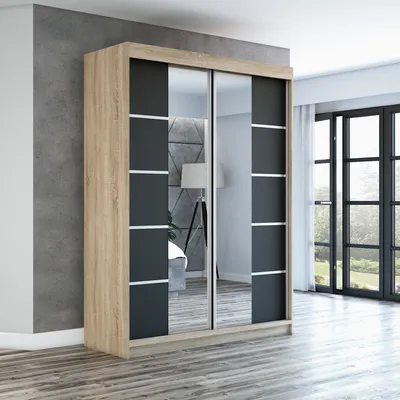 Produktbild von Schwebetürenschrank, 2-türig Schrank ERA 160 cm (mit Spiegel) (Sonoma / schwarz / schwarz)