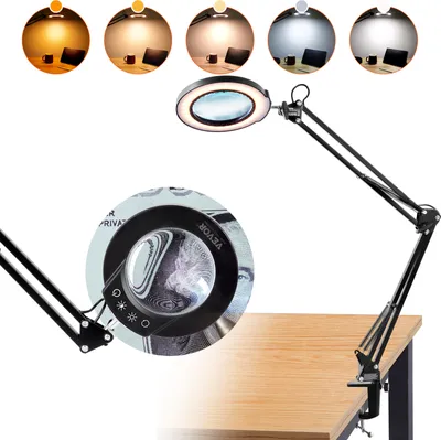 Produktbild von VEVOR 64 LED Lupenleuchte Lupenlampe Arbeitsleuchte mit Klemme Arbeitsplatzlampe Tischlampe 5xVergrößerung, 5-Farben-Dimmung, 110mm Glaslinse, Smart-Head-Touch-Control Ideal zum Arbeiten Lernen Lesen