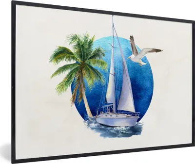 Produktbild von MuchoWow® MuchoWow® Gerahmtes Poster Segelboot - Palme - Vogel - Meer 30x20 cm - Poster mit zchwarzem Bilderrahmen - Kunstdruck - Bild-Poster