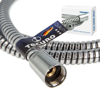 A close-up of a shower hose with a product tag and packaging in the background.
