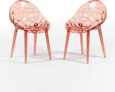 Immagine prodotto di Set di 2 sedie in policarbonato trasparente con effetto diamante, dal design moderno ed elegante, robuste e impilabili, ideali per cucina, sala da pranzo, ufficio o bar - DIAMANTE - rosa corallo