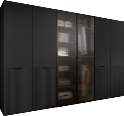 Drehtürenschrank mit Schubladen Falttürenschrank 6-türig Schrank mit Einlegeböden und Kleiderstange, Schlafzimmer  - Schrank Minewra 300 - Schwarz Flutes