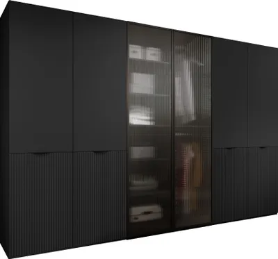 Produktbild von Drehtürenschrank mit Schubladen Falttürenschrank 6-türig Schrank mit Einlegeböden und Kleiderstange, Schlafzimmer  - Schrank Minewra 300 - Schwarz Flutes