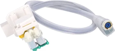A close-up shot of a washing machine inlet hose with an Aquastop safety device.