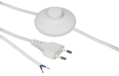 Zdjęcie produktu dla Kabel sieciowy McPower Euro z przełącznikiem nożnym i gołymi końcówkami, 2 m, biały