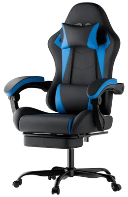 Productafbeelding van Ergonomische gamingstoel, met lendensteun, hoofdsteun, in hoogte verstelbaar, geschikt voor volwassenen, meisjes en jongens - zwart en blauw