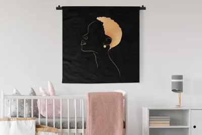 Produktbild von MuchoWow® Wandteppich Wandbehang Frau - Schwarz und Gold - Strichzeichnung 90x90 cm Tapisserie Dekoration Wandtuch - Wandaufhänger