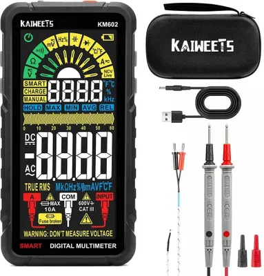 Immagine prodotto di Multimetro digitale - KM602 - Gamma automatica - 6000 conteggi - AC/DC 600 V - 10 A - Capacità 60 mF - Frequenza 10 MHz - Bianco