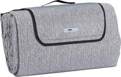 Produktbild von Relaxdays XXL Picknickdecke, 200x300 cm, isoliert, wasserdicht, Fischgrätmuster, Fleece Stranddecke, Tragegriff, grau