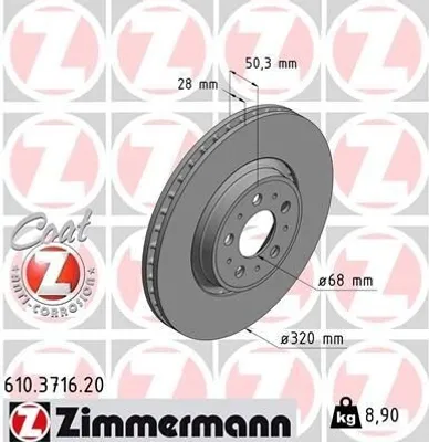 Produktbild von 2x ZIMMERMANN Bremsscheibe 610.3716.20 für VOLVO V70 II (285) S60 I (384) 50mm