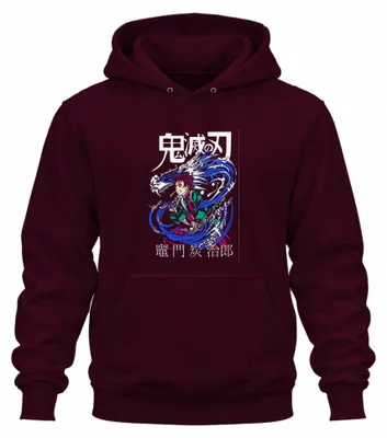 Obrázok produktu pre Demon Slayer Tanjiro Kamado Water Dragon Anime Gift Japan Y2K Streetwear Uni mikina s kapucňou, bordová, S