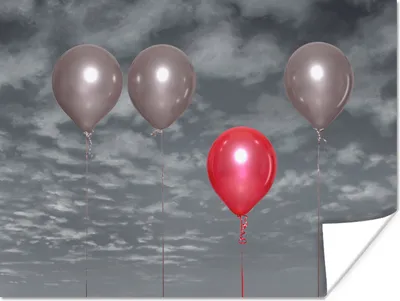 Produktbild von MuchoWow® Poster Ein Schwarz-Weiß-Foto mit drei grauen Luftballons und einem roten Luftballon 40x30 cm - Plakate für die Wände - Poster Wohnzimmer