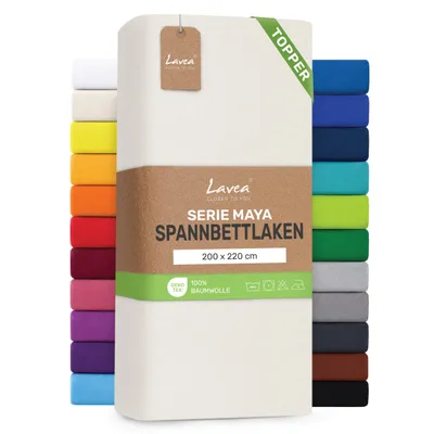 Produktbild von Lavea® Topper Spannbettlaken 200x220 cm, Maya 100% Jersey Baumwolle – Weiches Spannbetttuch Topper bis 10 cm- Creme Naturweiß