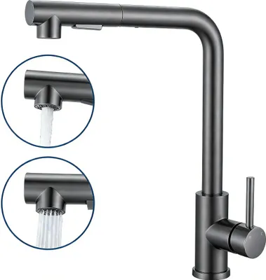 Produktbild von AICA Hochdruck Küchenmischbatterie, 304 Edelstahl, Ausziehbare Brause, 2 Sprühfunktionen, Metallic Grau