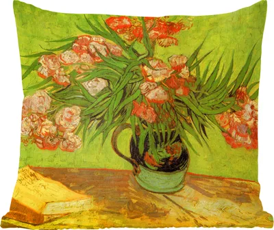 Produktbild von MuchoWow® Zierkissen Sofakissen Wohnzimmer Dekokissen 40x40 cm Stillleben Vase mit Oleander und Büchern - Gemälde von Vincent van Gogh - Foto Kissen - Schlafzimmer Dekoration