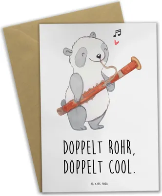 Produktbild von Mr. & Mrs. Panda Glückwunschkarte Fagott Doppelt Cool - Weiß - Geschenk, Grußkarten, Orchester, hochzeitskarten, einladungskarten, Musizieren, Instrument, Musik, Rohr