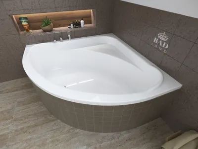 Zdjęcie produktu dla Wanna Akrylowa Zestaw 3w1 Asymetryczna 150x150 Biała, Nowoczesny Chrom Premium Syfon i Nogi (stelaż) w komplecie | BADLAND STANDARD