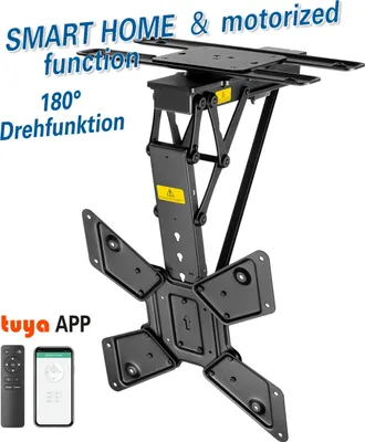 A motorized TV ceiling mount is shown against a white background, with text and icons highlighting its features.