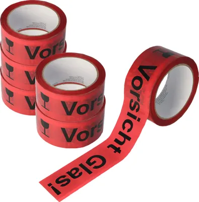 Produktbild von Klebeband Vorsicht Glas 6er Pack in roter Ausführung mit Schrift schwarz 6x 66 Meter länge, breite 48mm