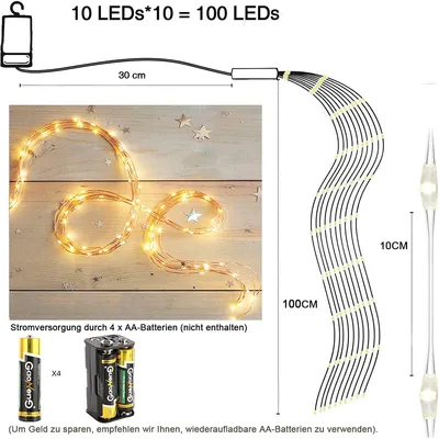Imagen del producto de Joycome Lichterschweif: Guirnalda de luces navideñas de 1 metro con 100 LED, color blanco cálido, alimentada por batería