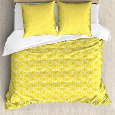 Produktbild von ABAKUHAUS Abstrakt Bettbezug Set, Sunshine Joyful Summer Theme mit sich wiederholenden Motiven von Kreisen und Spots, 155 x 220 cm + 80 x 80 cm, Gelb und Weiß