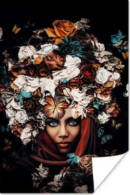 Produktbild von MuchoWow® Poster Blumen - Schmetterling - Frauen - Kopftuch 120x180 cm - Kunstposter