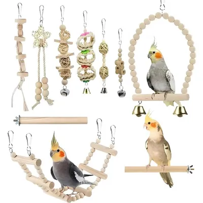 Produktbild von Vogelspielzeug Set 10-teilig - Vogelsitzstange Schaukel Käfig Zubehör für Wellensittich, Nymphensittich, Kanarienvögel & Papageien