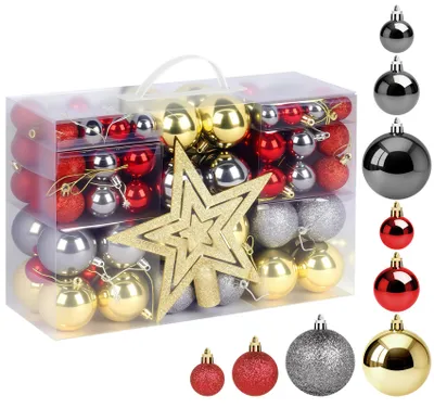 Produktbild von Weihnachtskugeln 108er Set, Christbaumkugeln Kunststoff Set, Christbaumschmuck mit Baumkronensterne, Weihnachtsdeko ∅ 3/4/6 cm, Rot Gold Grau