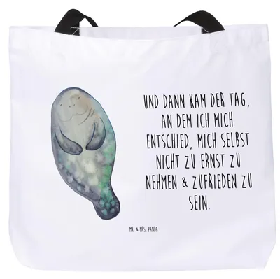 Produktbild von Mr. & Mrs. Panda Strandtasche Seekuh Happy - Weiß - Geschenk, Respekt, Meer, Laptoptasche, Tasche, Tote Bag, Liebeskummer, Zufrieden, Schultasche, Freundin, Achtsamkeit