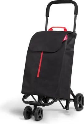 A black shopping trolley with red accents against a white background.