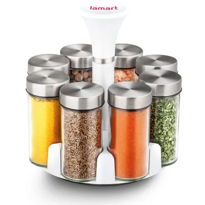 Obrázek produktu pro LAMART LT7017 Sada kořenek na otočném plastovém stojanu, Sklo, plast, nerez, objem: 85 ml kořenka, výška stojánku 18 cm, výška kořenky 9,3 cm a průměr kořenky – 4 cm