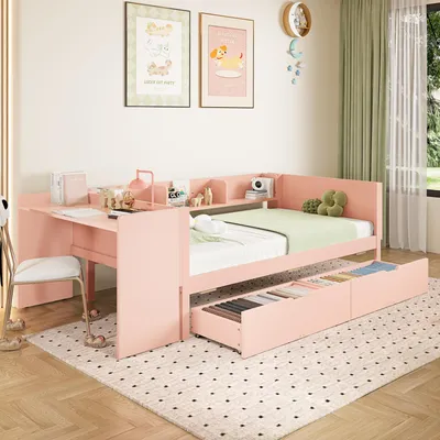 Produktbild von Merax Tagesbett Schlafsofa 90x200 cm, mit 2 Schubladen, Schreibtisch, Ablagefach, Kiefer, Kinderbett, Holzbett, Daybett, Flachbett, Jugendbett, Rosa