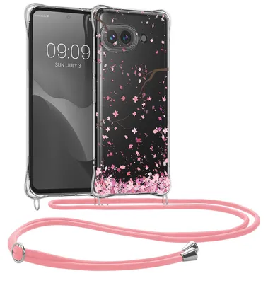 Produktbild von kwmobile Necklace Case kompatibel mit Google Pixel 9a Hülle - Silikon Cover mit Handykette - Rosa Dunkelbraun Transparent Kirschblütenblätter
