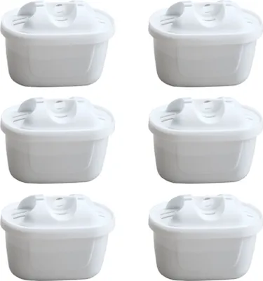 Six white water filter cartridges arranged in two columns and three rows on a white background.