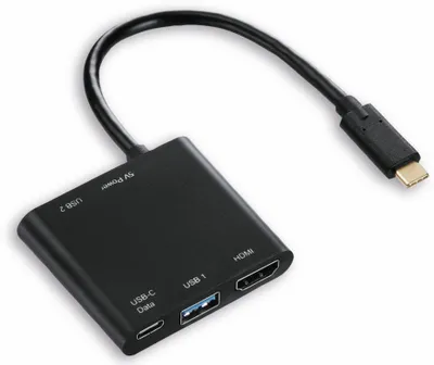 A black USB-C multiport adapter with multiple ports and a USB-C connector.