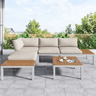 Produktbild von STILVORA Gartenlounge-Set Sitzgruppe mit Akazienholzplatte Beistelltisch, Outdoor-Schlafsofa aus verzinktem Stahl,Beige