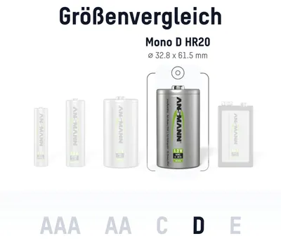 Imagen del producto de Batería recargable ANSMANN D de 5000 mAh, mono, NiMH, 1,2V – Recargable hasta 1000 veces (pack de 4 unidades)