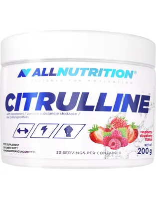 A product shot of a container of Citrulline powder with fruit illustrations.