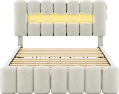 Produktbild von Flieks Polsterbett 140x200cm mit USB und Bluetooth-Lautsprecher, Stauraumbett mit Lattenrost, Jugendbett mit LED und 4 Schubladen, Doppelbett Samt, Beige