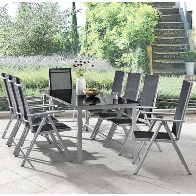 Immagine prodotto di Set da giardino in alluminio Juskys Set da giardino Milano con tavolo e 8 sedie grigio argento con gruppo di sedute in fibra sintetica nera in alluminio mobili da balcone