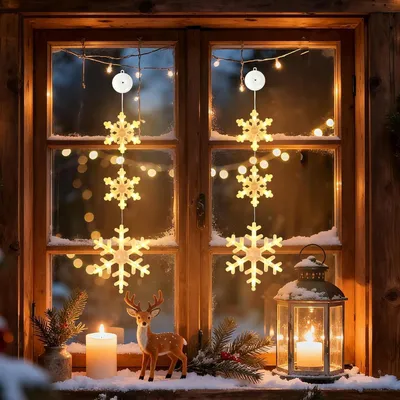 Produktbild von Weihnachtsbeleuchtung Fenster Innen,2 Stück LED Schneeflocken Fenster Batteriebetriebene mit Saugnäpfe,Fensterdeko Weihnachten Warmweiß mit Timer,3 Modi,Lichtervorhang für Fensterlicht Weihnachtsdeko